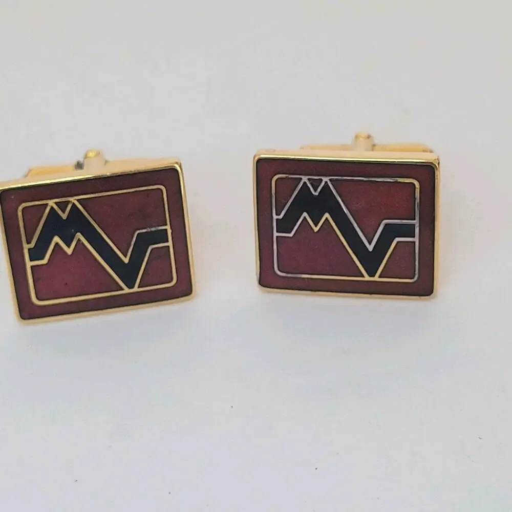 Mario Valentino MV Gold Red Black Tone Rectangle Logo Cufflinks Designer Vintage